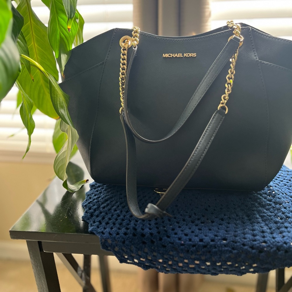 Michael Kors Navy Shoulder Bag with Gold Accents